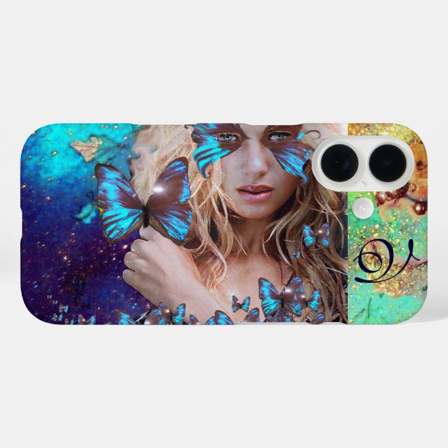 BLUE BUTTERFLY WITH GREEN GOLD SPARKLES MONOGRAM Case-Mate iPhone CASE (Back (Horizontal))