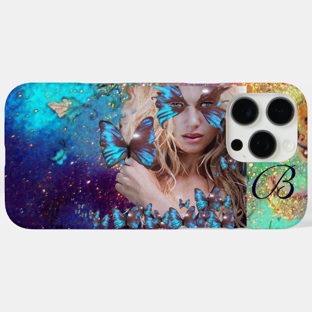 BLUE BUTTERFLY WITH GREEN GOLD SPARKLES MONOGRAM Case-Mate iPhone CASE (Back (Horizontal))