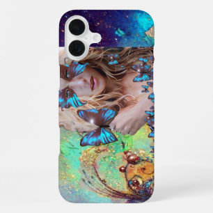 BLUE BUTTERFLY WITH GREEN GOLD SPARKLES MONOGRAM iPhone 16 PLUS CASE