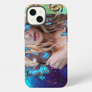 BLUE BUTTERFLY WITH GREEN GOLD SPARKLES MONOGRAM iPhone 13 CASE