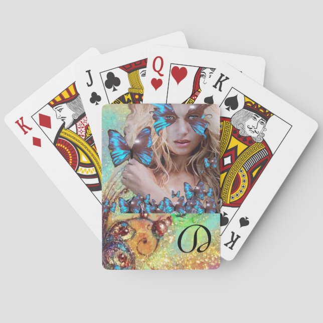 BLUE BUTTERFLY WITH GREEN GOLD SPARKLES MONOGRAM PLAYING CARDS (Back)