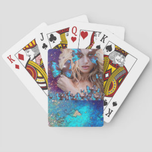 BLUE BUTTERFLY WITH GREEN GOLD SPARKLES PLAYING CARDS