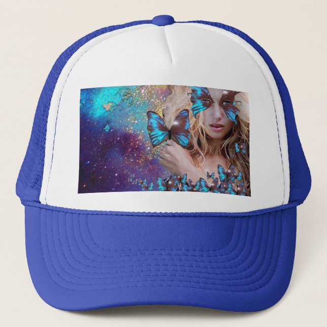 BLUE BUTTERFLY WITH GREEN GOLD SPARKLES TRUCKER HAT (Front)