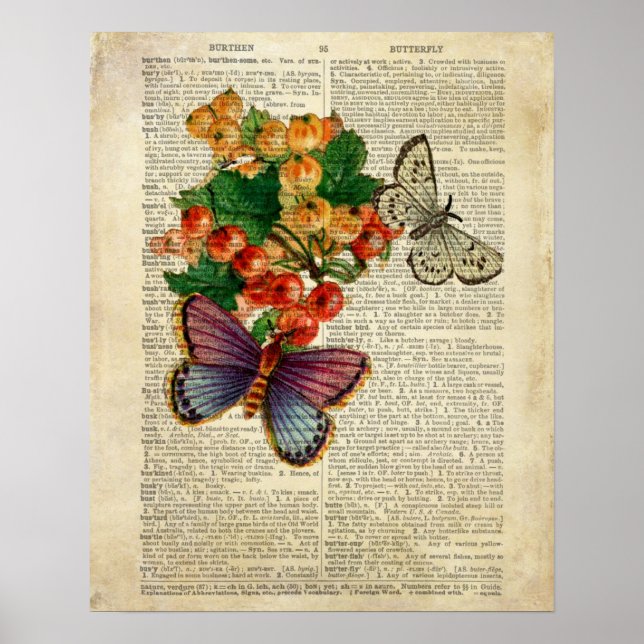 Blue Butterfly with Red Flowers Vintage Art Poster (Front)