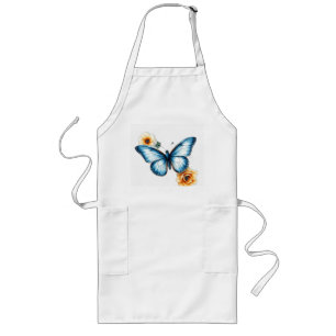 Blue Butterfly with Vintage Floral Watercolor Long Apron