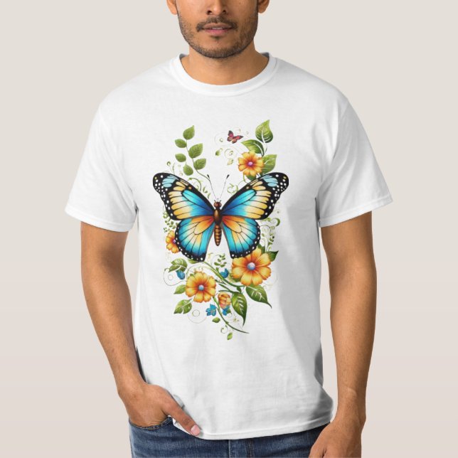 Blue Butterfly & Yellow Blooms-45871 T-Shirt (Front)