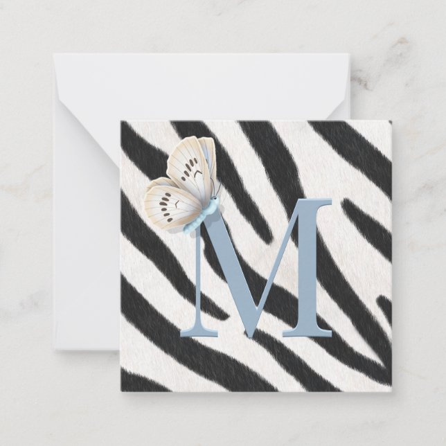 Blue Butterfly & Zebra Fur Bue Monogram Custom Card (Front)
