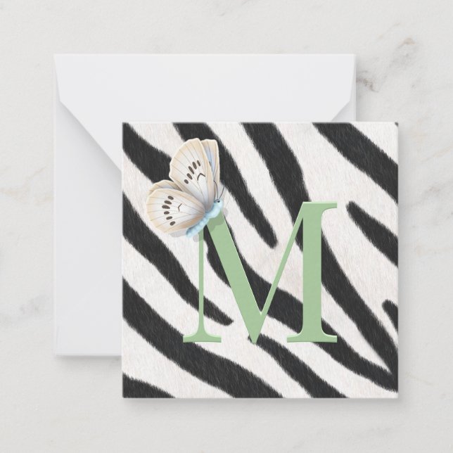 Blue Butterfly & Zebra Fur Green Monogram Custom Card (Front)