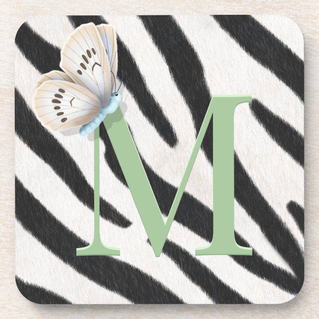 Blue Butterfly & Zebra Fur Green Monogram Custom Coaster (Front)