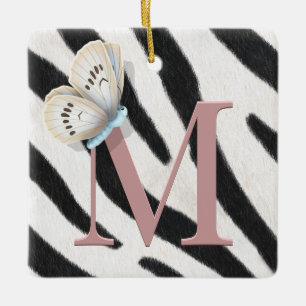 Blue Butterfly & Zebra Fur Rose Monogram Custom Ceramic Ornament