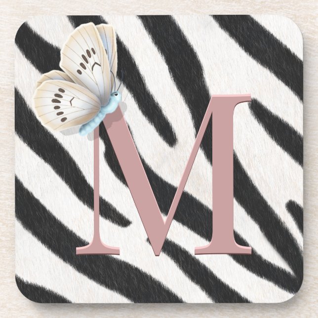Blue Butterfly & Zebra Fur Rose Monogram Custom Coaster (Front)
