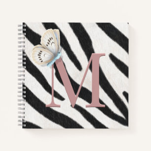 Blue Butterfly & Zebra Fur Rose Monogram Custom Notebook