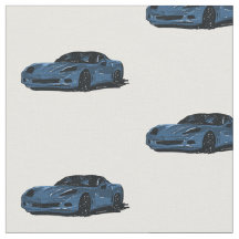 Blue C6 Corvette Hand Drawn Sketch Fabric