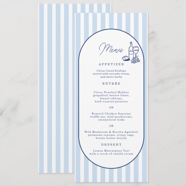 Blue Cabana Stripe Long Wedding Menu Card (Front/Back)