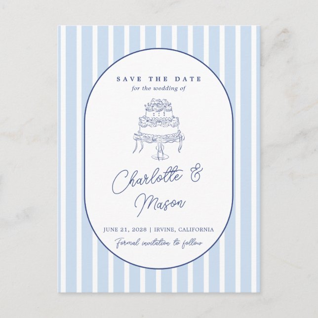 Blue Cabana Stripe Minimalist Save the Date Postcard (Front)