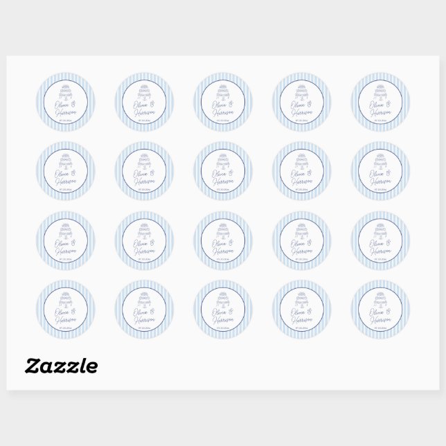 Blue Cabana Stripe Minimalist Wedding Classic Round Sticker (Sheet)