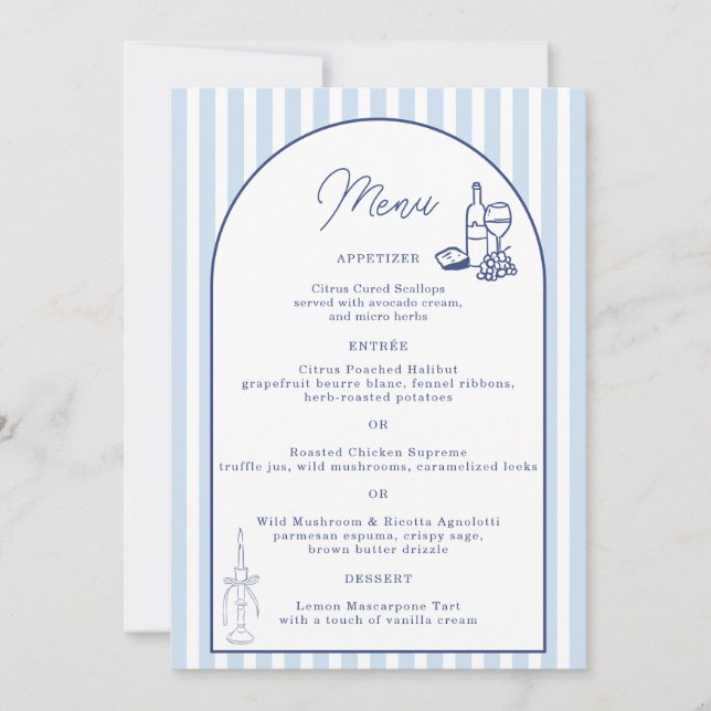 Blue Cabana Stripe Minimalist Wedding Menu Card (Front)