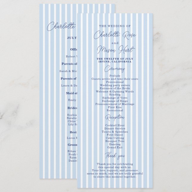 Blue Cabana Stripe Minimalist Wedding Program Card (Front/Back)