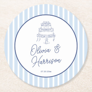 Blue Cabana Stripe Minimalist Wedding Round Paper Coaster