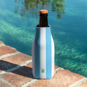 Blue Cabana Stripe & Personalised Green Monogram Bottle Cooler