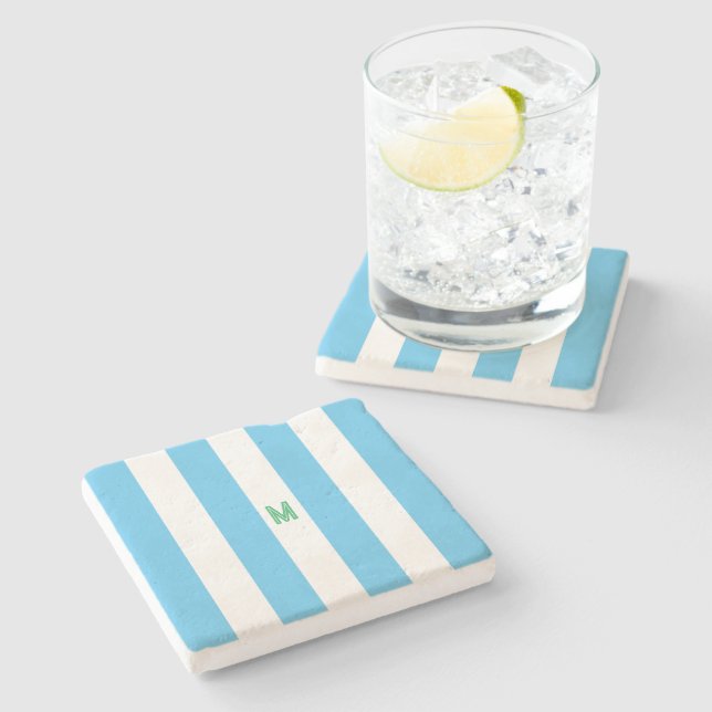 Blue Cabana Stripe & Personalised Green Monogram Stone Coaster (Side)