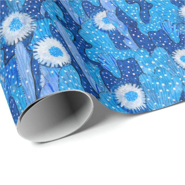 Blue Cactus Camouflage Succulent Flower Floral Wrapping Paper (Roll Corner)
