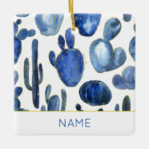 Blue Cactus Gold Desert Chic NAME Travel Fun Ceramic Ornament