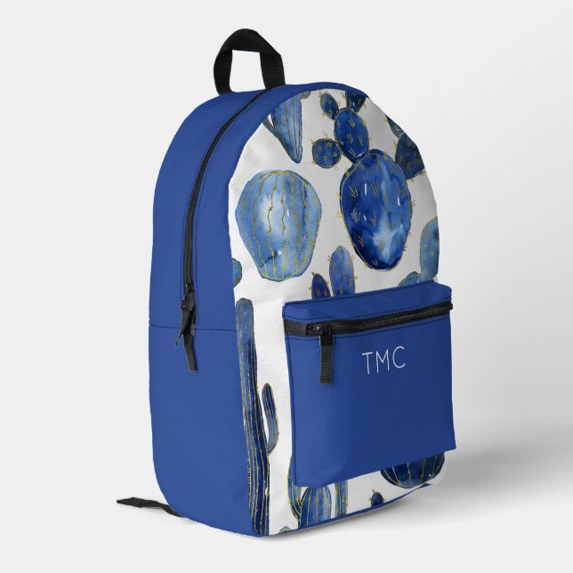 Blue Cactus Gold White Desert Travel Fun Printed Backpack (Back Corner Left)