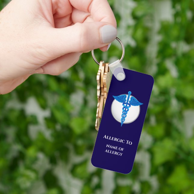 Blue caduceus medical allergy alert editable key ring (Hand)