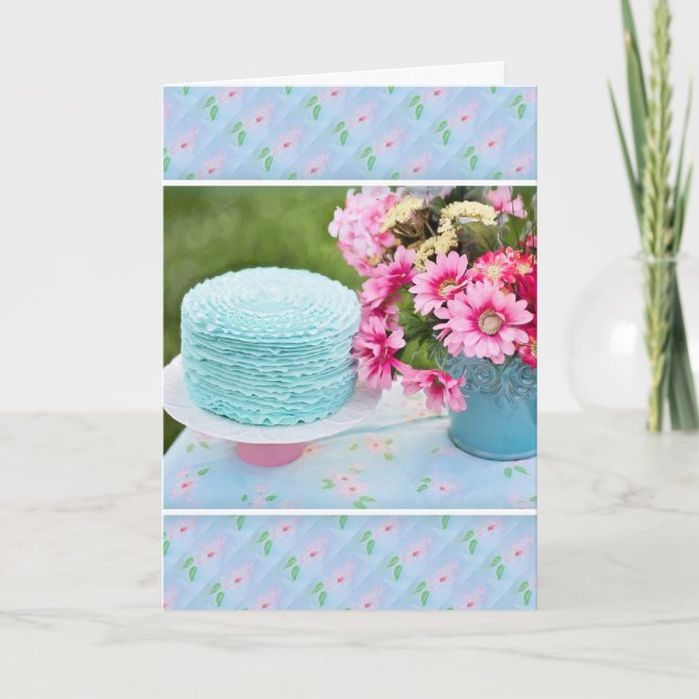 Blue Cake And Flowers Birthday Card (Front)
