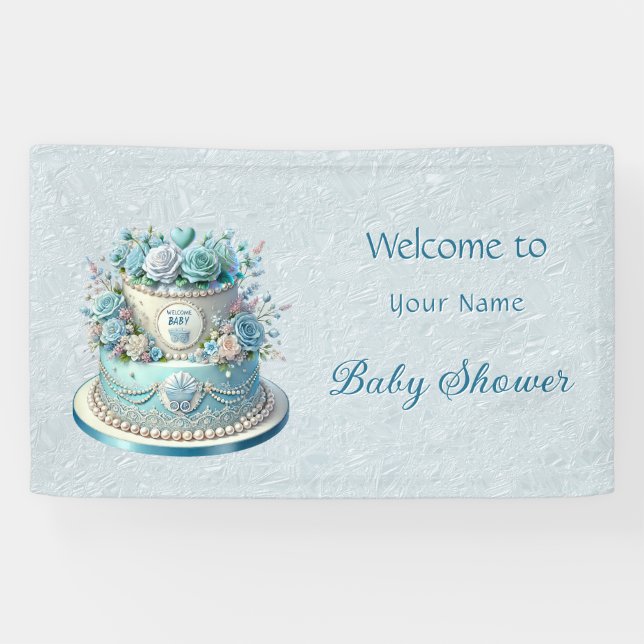 Blue Cake Flowers Baby Shower Banner (Horizontal)