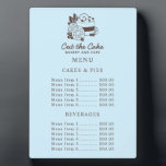 Blue Cake Logo Bakery Price Menu Plaque<br><div class="desc">Display your bakery’s offerings with style using this customisable price menu board, featuring a charming cake logo on a soft blue background. Perfect for cafes, bakeries, and dessert shops, this menu board provides a clear, organised layout for showcasing cakes, pies, beverages, and more. The pastel blue colour and elegant design...</div>