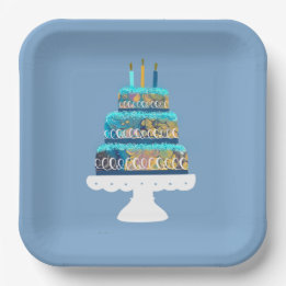 Blue Cake with Birthday Candles Paper Plate