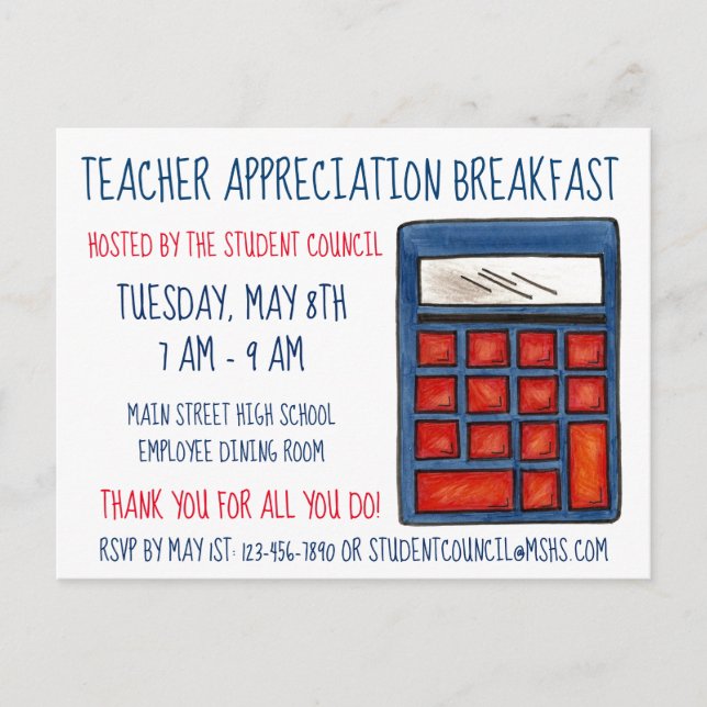 Blue Calculator School Math Teacher Appreciation Invitation Postcard (Front)