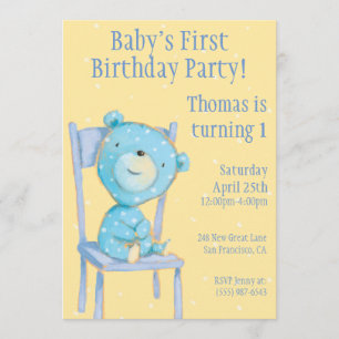 Blue Calico Bear Birthday Invitation
