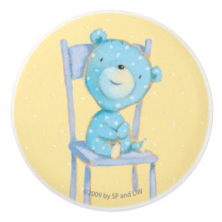 Blue Calico Bear Smiling on Chair Ceramic Knob