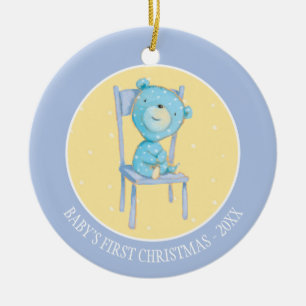 Blue Calico Bear Smiling on Chair Ceramic Tree Decoration