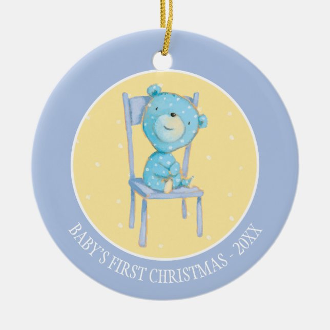 Blue Calico Bear Smiling on Chair Ceramic Tree Decoration (Front)