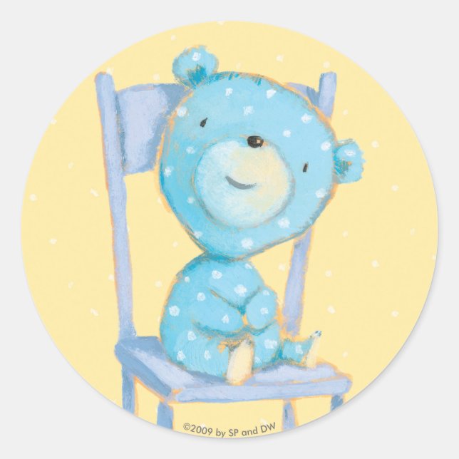 Blue Calico Bear Smiling on Chair Classic Round Sticker (Front)