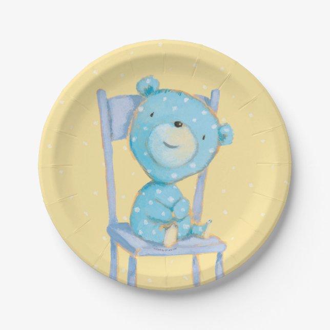 Blue Calico Bear Smiling on Chair Paper Plate (Front)