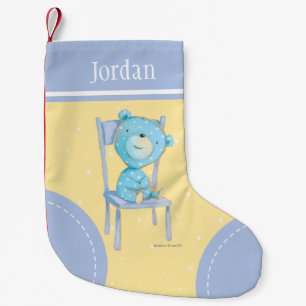 Blue Calico Bear Smiling on Chair Small Christmas Stocking