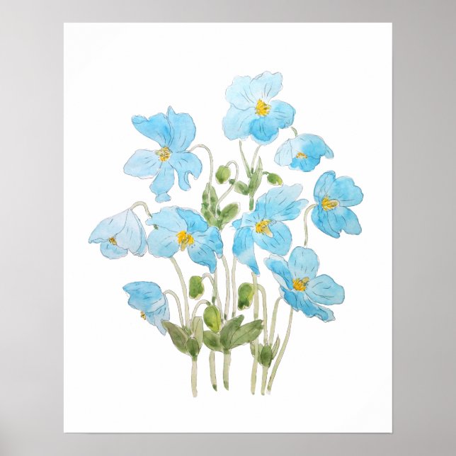 blue California poppy ink and  watercolor  Poster (Front)