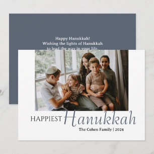 Blue Calligraphy Happiest Hanukkah family 1 photo Holiday Card