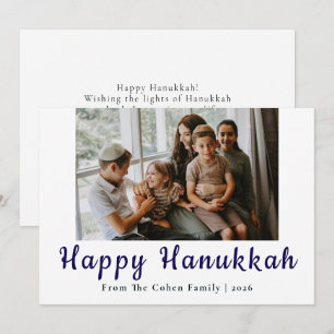 Blue Calligraphy Happiest Hanukkah family 1 photo Holiday Card