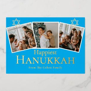 Blue Calligraphy Happiest Hanukkah family 3 photo Foil Holiday Card