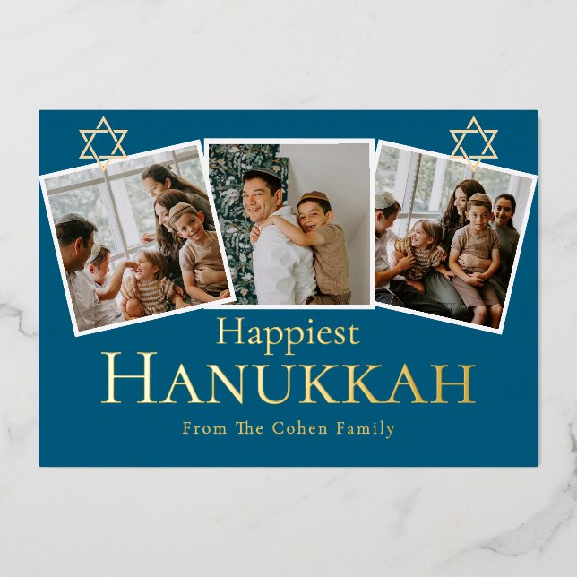 Blue Calligraphy Happiest Hanukkah family 3 photo Foil Holiday Card (Front)