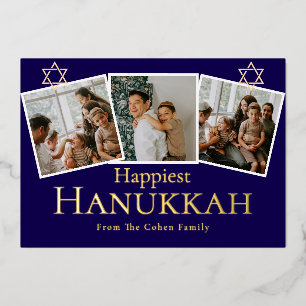 Blue Calligraphy Happiest Hanukkah family 3 photo Foil Holiday Card