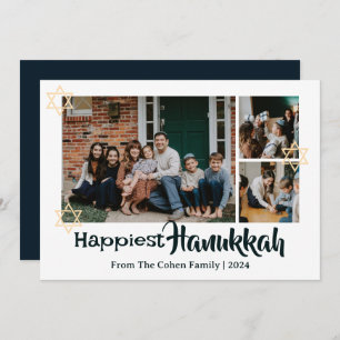 Blue Calligraphy Happiest Hanukkah family 3 photo Holiday Card