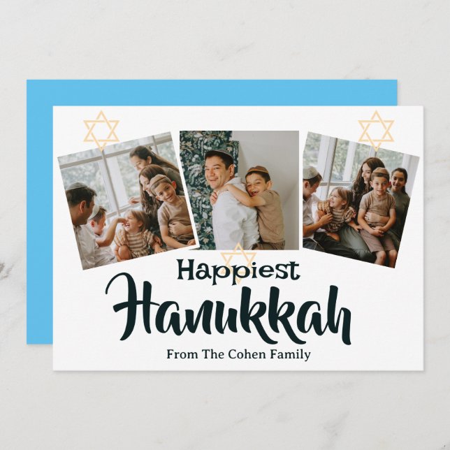Blue Calligraphy Happiest Hanukkah family 3 photo Holiday Card (Front/Back)