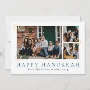 Blue Calligraphy Happiest Hanukkah family 3 photo Holiday Card